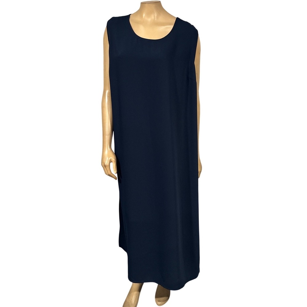 Caroline Rose Navy Blue Sleeveless Maxi Shift Dress Scoop Neck Side Slit XL USA